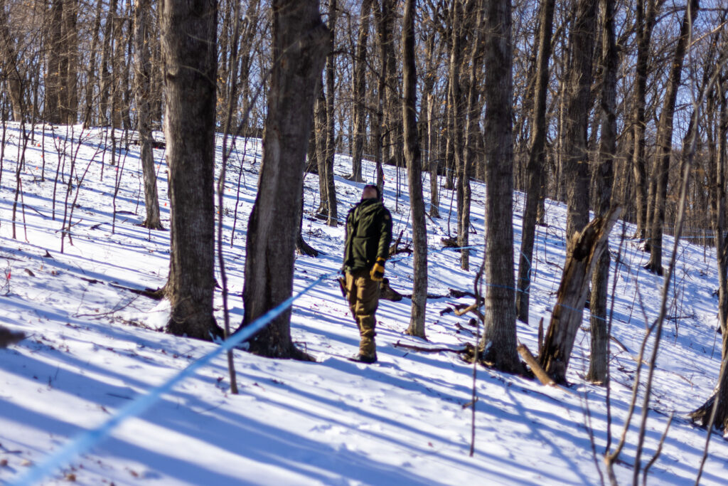 A man in a dark green jacket and tan pants walks away from the camera into a snowy forest.