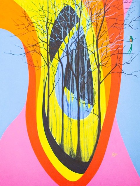A work of art with skinny silhouettes of trees, distorted and lengthened over an abstract colorful movement of shapes in blue, pink, orange, yellow, and blue. A little blue bird with an orange chest sits perched on one of the branches.