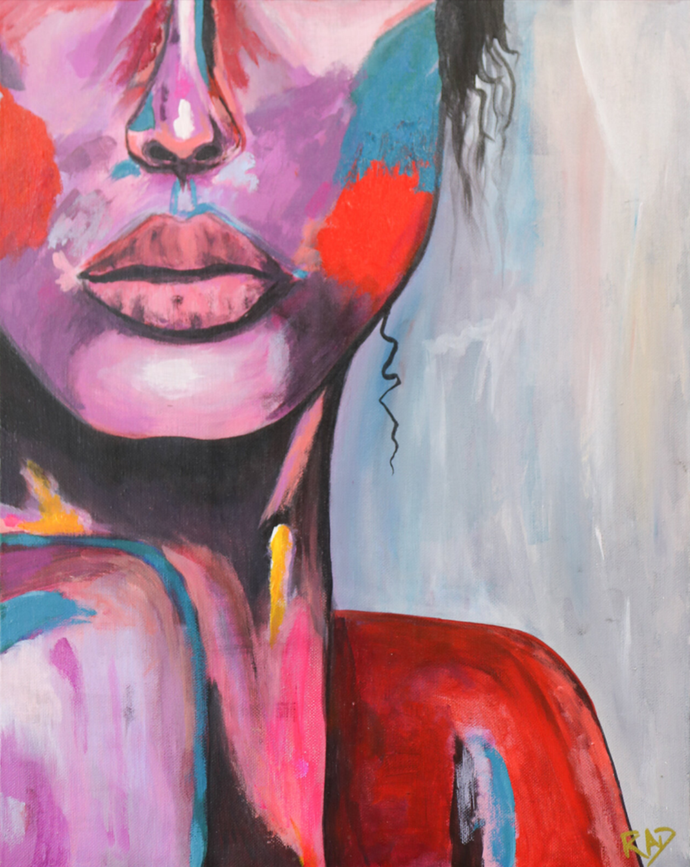 A painting of the lower face, neck, and shoulder of a woman in pink, red, and blue, almost like a modern Fauvist painting.
