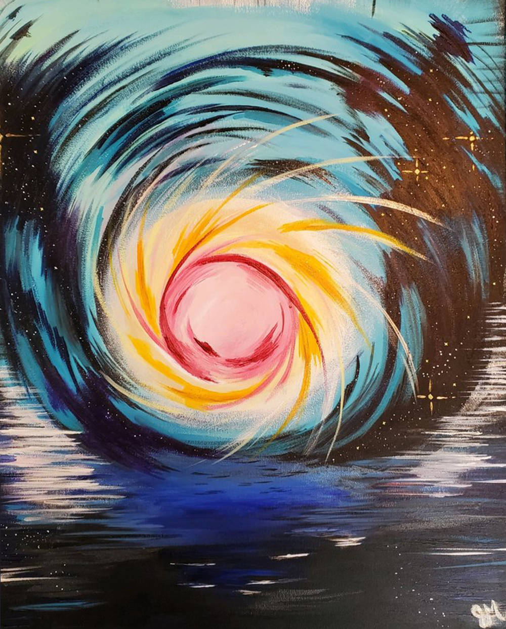 A bright whirling pink and yellow ball of light twisting around a blue background, twisting the water below and blue around it.